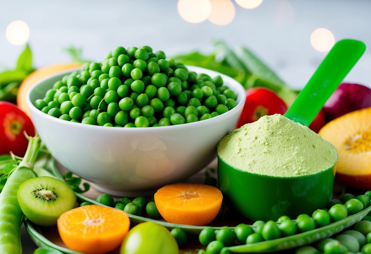 A bowl of green peas with a scoop of pea protein powder next to it, surrounded by a variety of fresh fruits and vegetables