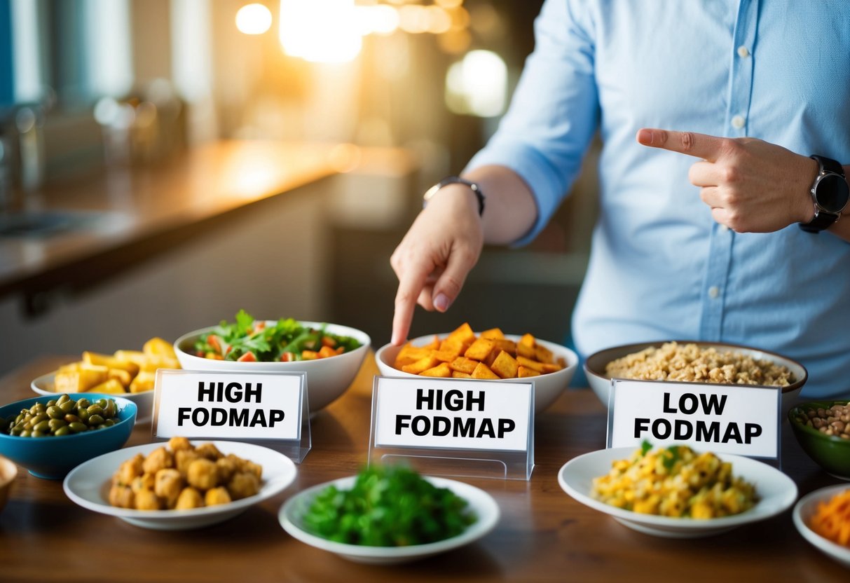 A table with a variety of foods, some labeled "high FODMAP" and others "low FODMAP". A person pointing to the low FODMAP options