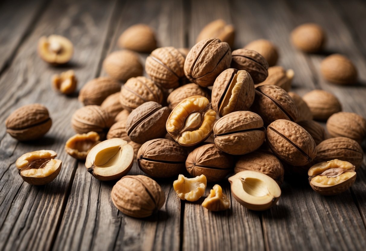 A pile of walnuts scattered on a wooden table, with a few cracked open to reveal the nut inside