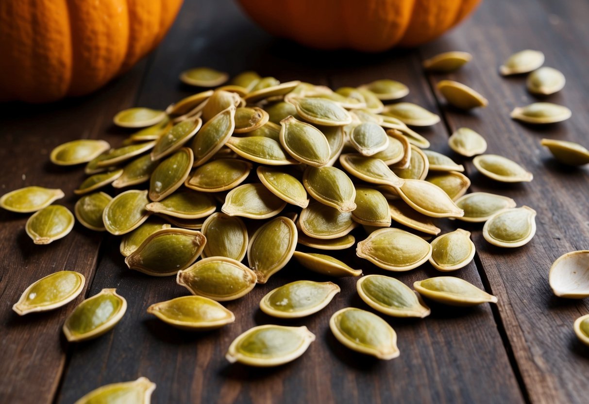 A pile of pumpkin seeds scattered on a wooden table, some still in their shells, others cracked open, ready to be roasted