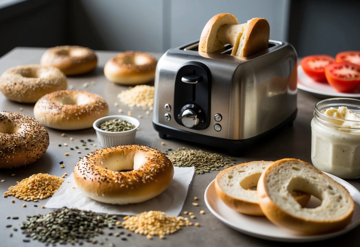 A table with a variety of bagels, seeds, and grains scattered around. A toaster with a golden, crispy bagel popping out. A jar of cream cheese and a plate of sliced tomatoes nearby