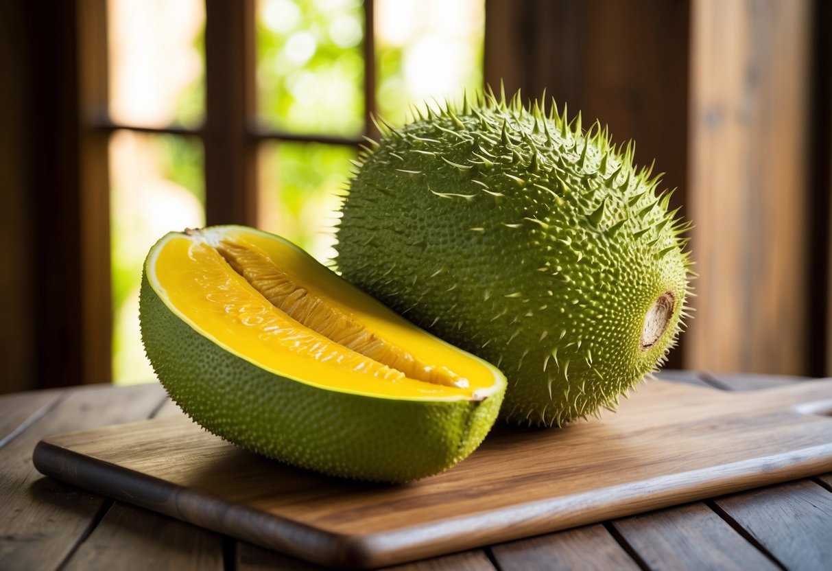 A ripe jackfruit sits on a wooden table, its spiky green exterior contrasting with the sweet yellow flesh inside, evoking the idea of a complete protein source